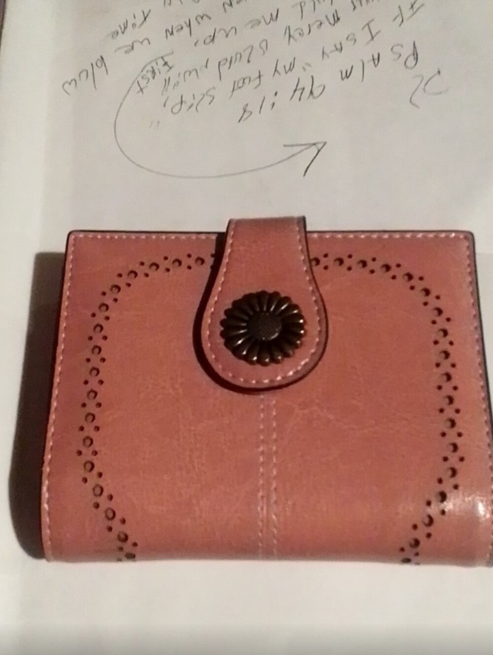 Compact Women's Rose Pink Faux Leather Snap Wallet with Floral Stud